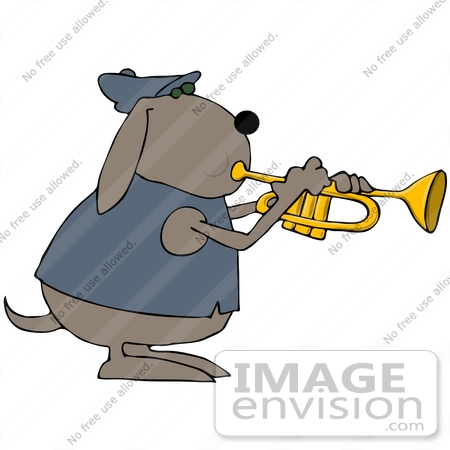 #42344 Clip Art Graphic Of a Dog Blowing A Trumpet by DJArt