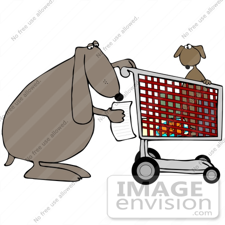 #42348 Clip Art Graphic Of a Puppy In A Cart, Shopping With Its Mom Or Pop by DJArt