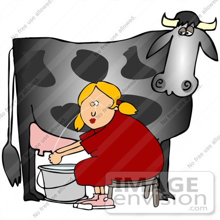#42361 Clip Art Graphic of a Cow’s Udder Squirting A Lady In The Face by DJArt