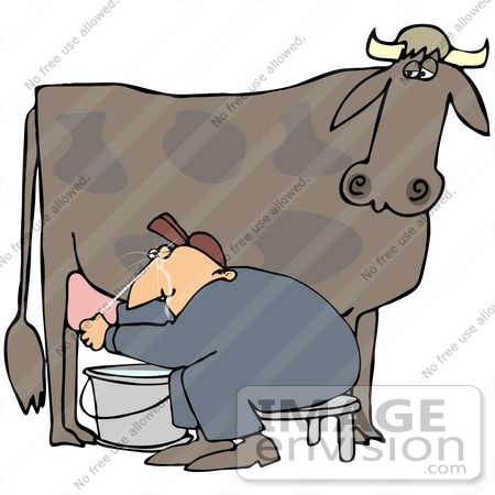 #42364 Clip Art Graphic of a Cow’s Udder Squirting A Male Farmer In The Face by DJArt