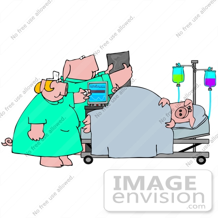 #42365 Clip Art Graphic of a Nurse And Doctor Attending To An Ill Pig by DJArt