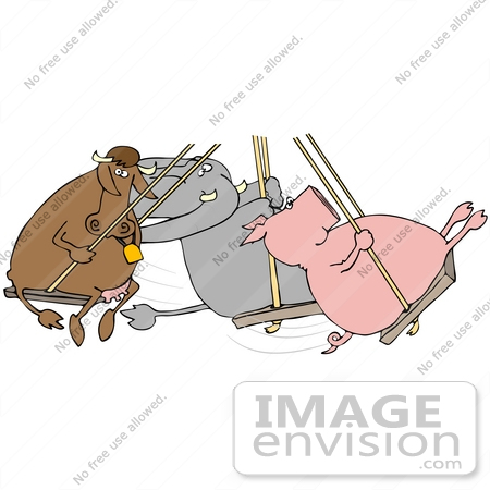 #42366 Clip Art Graphic of a Diverse Friends, A Cow, Pig And Elephant, Swinging by DJArt