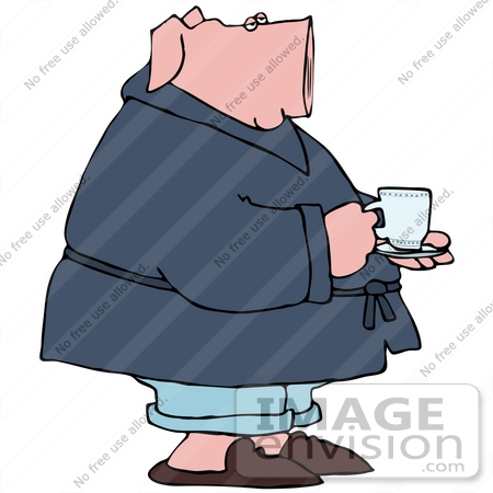 #42368 Clip Art Graphic of a Sick Or Sleepy Pig Drinking Tea by DJArt
