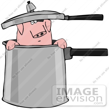 #42371 Clip Art Graphic of a Pig In A Chefs Pot by DJArt