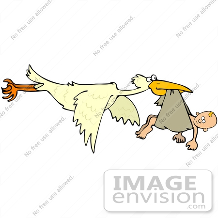 #42383 Clip Art Graphic of a Stork Delivering A Baby by DJArt