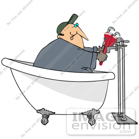 #42384 Clip Art Graphic of a Plumber Fixing Pipes On A Claw Foot Tub by DJArt