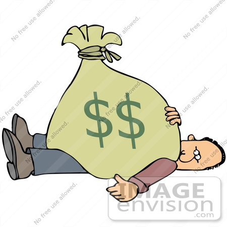 #42385 Clip Art Graphic of a Heavy Money Sack On Top Of A Man by DJArt