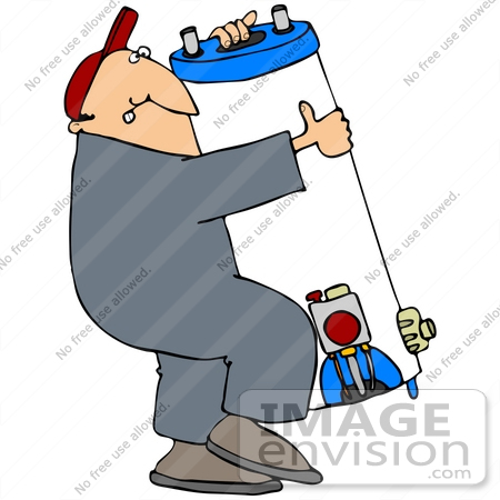 #42386 Clip Art Graphic of a Strained Man Carrying A Water Heater by DJArt