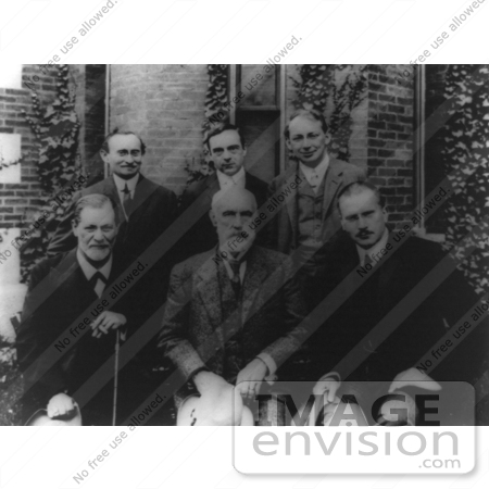 #42645 Black And White Stock Photograph Of Sigmund Freud, Granville Stanley Hall, Carl Gustav Jung, Abraham Arden Brill, Ernest Jones, And Sandor Ferenczi by JVPD