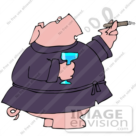 #42737 Clipart Illustration of a Wealthy Pig In A Robe, Drinking Champagne And Smoking A Cigar by DJArt