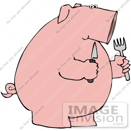 #42738 Clipart Illustration of a Hungry Pink Pig Holding A Knife And Fork by DJArt