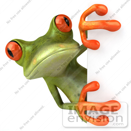 #42748 Royalty-Free Clipart Illustration of a Cute 3d Red-Eyed Tree Frog Looking Around A White Sign by Julos