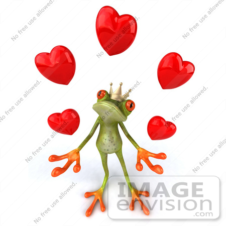 #42759 Royalty-Free Clipart Illustration of a Loving 3d Red-Eyed Frog Prince Wearing A Crown And Juggling Hearts by Julos