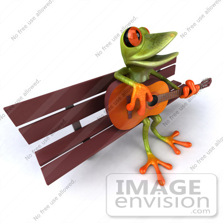 #42772 Royalty-Free (RF) Clipart Illustration of a 3d Red Eyed Tree Frog Playing A Guitar On A Park Bench - Pose 3 by Julos