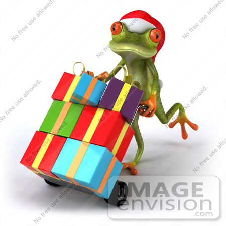 #42774 Royalty-Free (RF) Clipart Illustration of a 3d Red Eyed Tree Frog Pushing Christmas Gifts On A Hand Truck - Version 2 by Julos