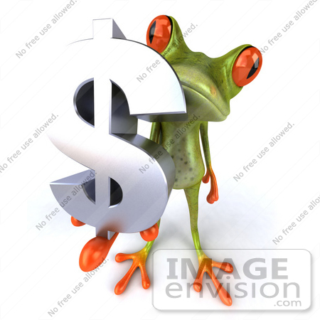 #42814 Royalty-Free (RF) Clipart Illustration of a 3d Red Eyed Tree Frog Holding A Silver Dollar Symbol - Pose 2 by Julos