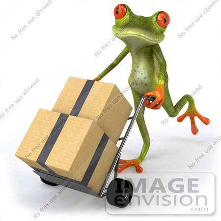 #42817 Royalty-Free (RF) Clipart Illustration of a 3d Red Eyed Tree Frog Rolling Packages On A Hand Truck - Pose 2 by Julos