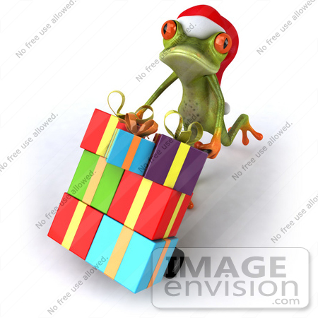 #42820 Royalty-Free (RF) Clipart Illustration of a 3d Red Eyed Tree Frog Pushing Christmas Gifts On A Hand Truck - Version 4 by Julos