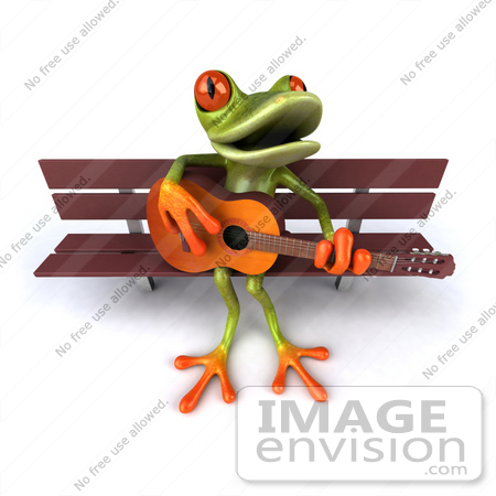 #42827 Royalty-Free (RF) Clipart Illustration of a 3d Red Eyed Tree Frog Playing A Guitar On A Park Bench - Pose 2 by Julos