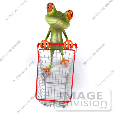 #42875 Royalty-Free (RF) Clipart Illustration of a 3d Red Eyed Tree Frog Shopping And Pushing A Cart - Pose 2 by Julos