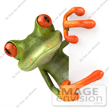 #42890 Royalty-Free (RF) Clipart Illustration of a 3d Red Eyed Tree Frog Looking Around And Pointing To A Blank Sign by Julos