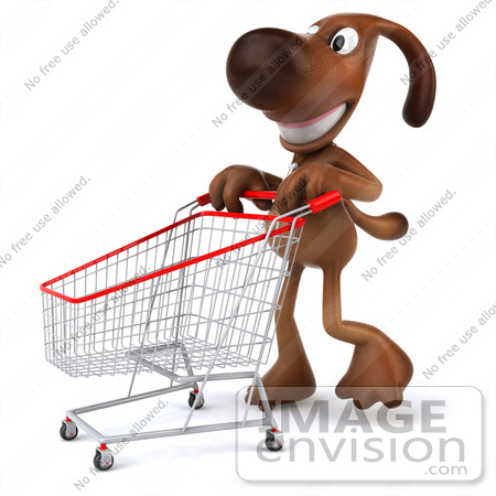 #42933 Royalty-Free (RF) Clipart Illustration of a 3d Brown Dog Mascot Pushing A Shopping Cart - Pose 2 by Julos