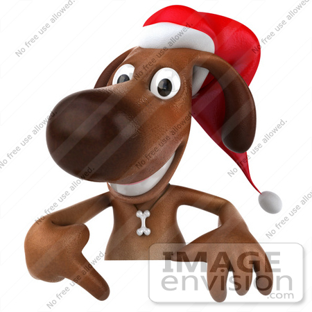 #42985 Royalty-Free (RF) Clipart Illustration of a 3d Brown Christmas Pooch Character Pointing Down At And Standing Behind A Blank Sign by Julos