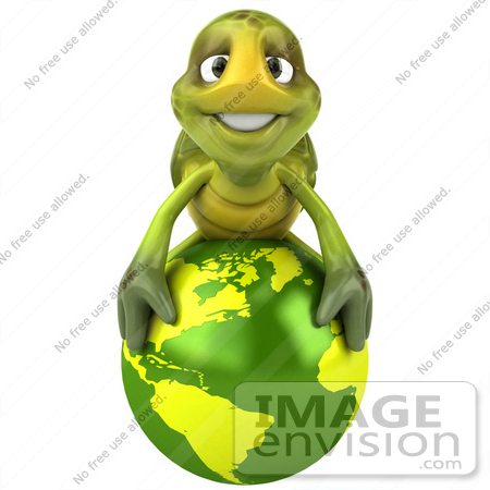 #43035 Royalty-Free (RF) Cartoon Clipart of a 3d Turtle Mascot Resting On Top Of A Green Globe by Julos