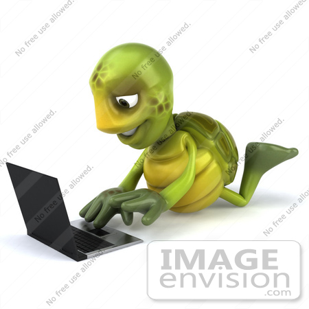 #43037 Royalty-Free (RF) Cartoon Clipart of a 3d Turtle Mascot Resting On His Belly And Using A Laptop by Julos