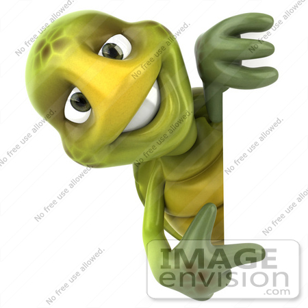 #43047 Royalty-Free (RF) Cartoon Clipart of a 3d Turtle Mascot Smiling And Looking Around A Blank Sign While Pointing by Julos