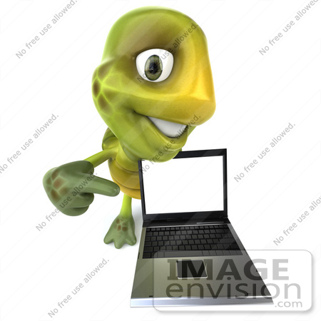 #43070 Royalty-Free (RF) Cartoon Clipart of a 3d Turtle Mascot Smiling And Pointing At A Laptop by Julos