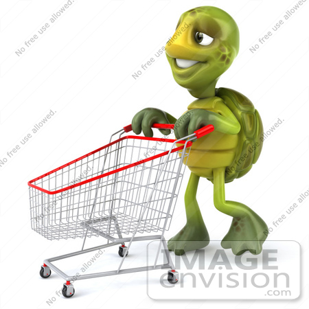 #43088 Royalty-Free (RF) Cartoon Clipart of a 3d Turtle Mascot Walking Through A Store With A Shopping Cart by Julos