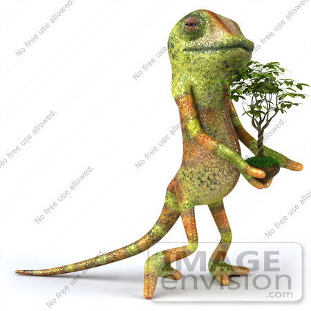 #43165 Royalty-Free (RF) Clipart Illustration of a 3d Lizard Chameleon Mascot Carrying A Plant by Julos