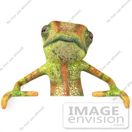 #43184 Royalty-Free (RF) Clipart Illustration of a 3d Lizard Chameleon Mascot Standing Behind A Blank Sign by Julos
