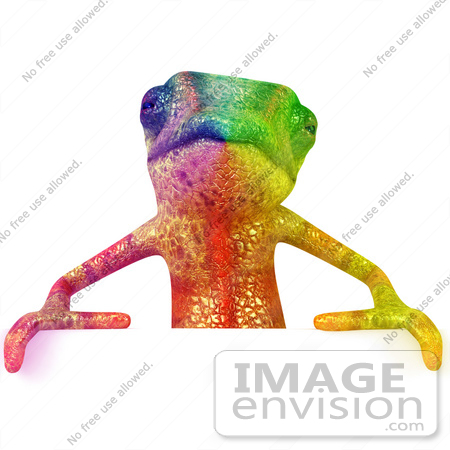 #43185 Royalty-Free (RF) Illustration of a 3d Rainbow Colored Chameleon Lizard Mascot Standing Behind A Blank Sign by Julos
