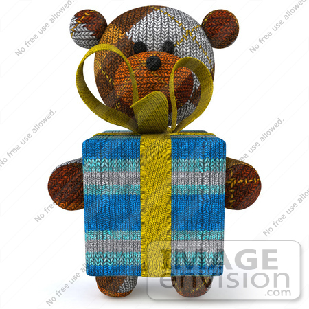 #43196 Royalty-Free (RF) Illustration of a 3d Knitted Teddy Bear Mascot Holding A Gift - Pose 1 by Julos