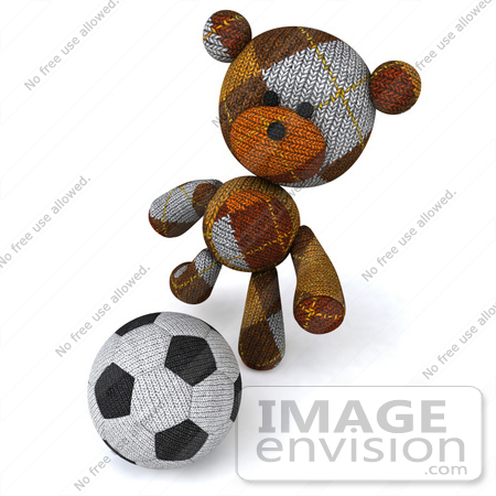 #43202 Royalty-Free (RF) Illustration of a 3d Knitted Teddy Bear Mascot Kicking A Soccer Ball - Pose 1 by Julos