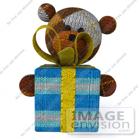 #43207 Royalty-Free (RF) Illustration of a 3d Knitted Teddy Bear Mascot Holding A Gift - Pose 3 by Julos