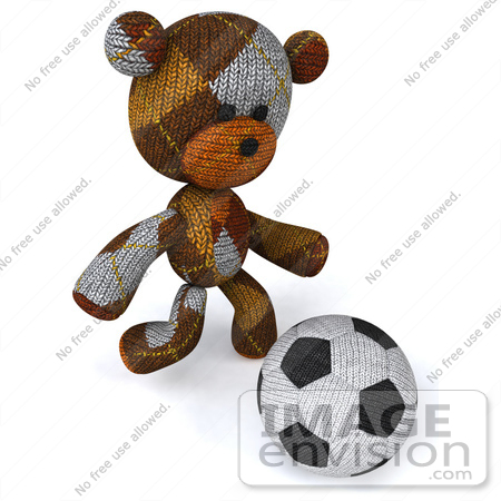 #43213 Royalty-Free (RF) Illustration of a 3d Knitted Teddy Bear Mascot Kicking A Soccer Ball - Pose 2 by Julos