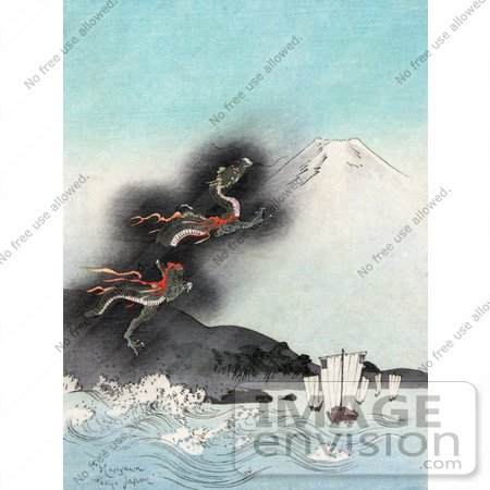 #43229 RF Illustration Of A Dragon Rising To The Top Of Mt Fuji, Causing Strong Waves To Flow Towards Ships by JVPD