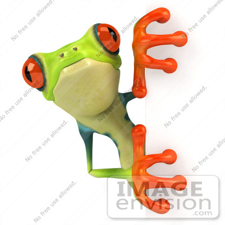 #43311 Royalty-Free (RF) Illustration of a Cute 3d Red Eye Tree Frog Looking Around A Blank Sign - Pose 3 by Julos