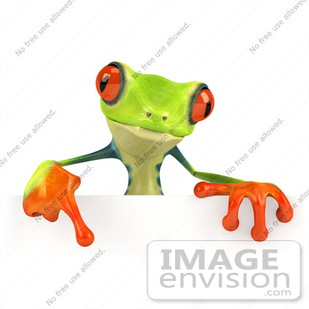 #43312 Royalty-Free (RF) Illustration of a Cute 3d Red Eye Tree Frog Pointing Down At And Standing Behind A Blank Sign by Julos