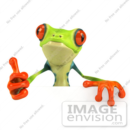 #43317 Royalty-Free (RF) Illustration of a Cute 3d Red Eye Tree Frog Giving The Thumbs Up And Standing Behind A Blank Sign by Julos