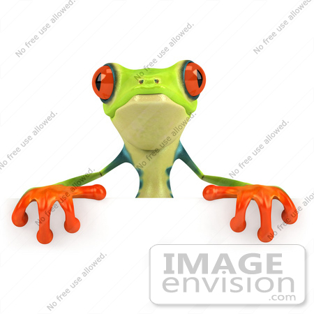 #43322 Royalty-Free (RF) Clipart Illustration of a 3d Red Eye Tree Frog Standing Behind A Blank Sign - Pose 2 by Julos