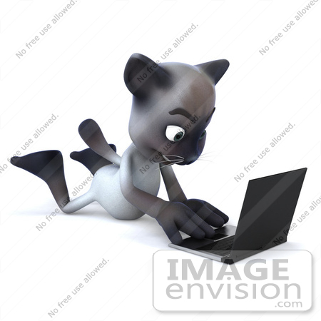 #43373 Royalty-Free (RF) Clipart Illustration of a 3d Siamese Cat Mascot Laying On His Belly And Using A Laptop - Pose 3 by Julos