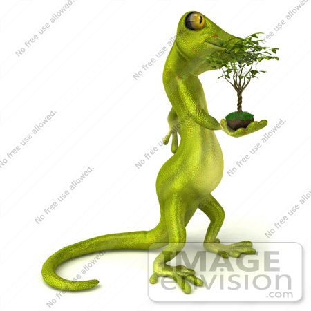 #43384 Royalty-Free (RF) Illustration of a 3d Green Gecko Mascot Carrying A Plant - Version 2 by Julos