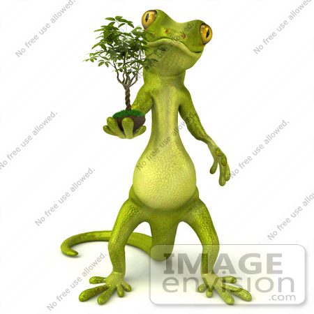 #43385 Royalty-Free (RF) Illustration of a 3d Green Gecko Mascot Carrying A Plant - Version 1 by Julos
