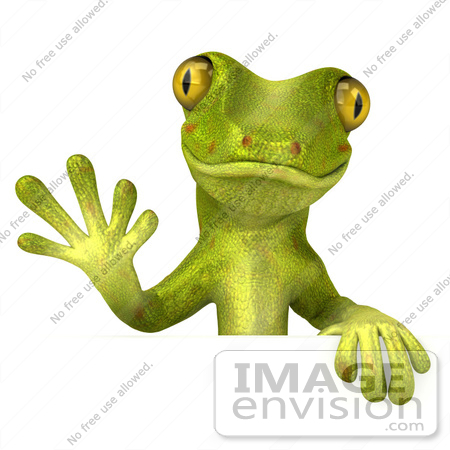 #43397 Royalty-Free (RF) Illustration of a 3d Green Gecko Mascot Waving And Standing Behind A Blank Sign - Pose 1 by Julos