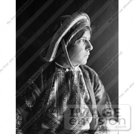 #43460 RF Stock Photo Of A Black And White Profile Portrait Of A Ramallah Woman Wearing A Dowry Coin Headdress by JVPD