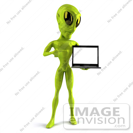 #43510 Royalty-Free (RF) Illustration of a 3d Green Alien Presenting A Laptop - Pose 2 by Julos